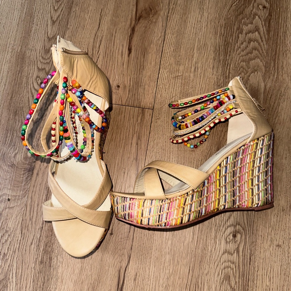 Cute wedge beaded colorful threaded pattern shoes - Picture 3 of 16